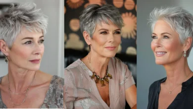 Mulher madura com corte pixie sofisticado e moderno, estilo elegante para mulheres acima dos 50 anos.