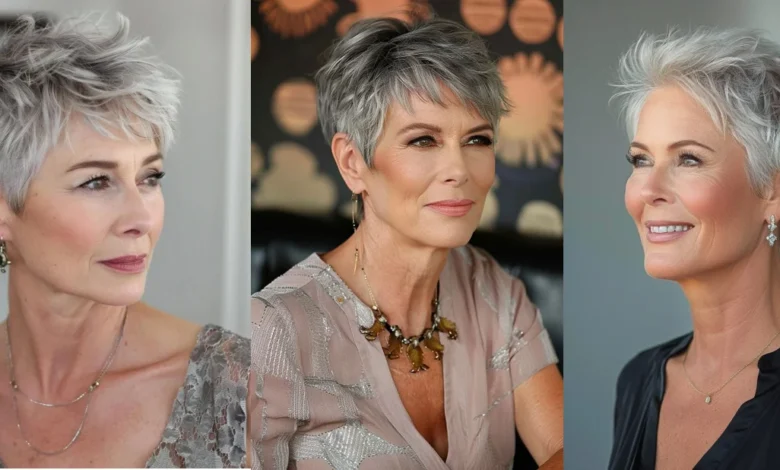 Mulher madura com corte pixie sofisticado e moderno, estilo elegante para mulheres acima dos 50 anos.