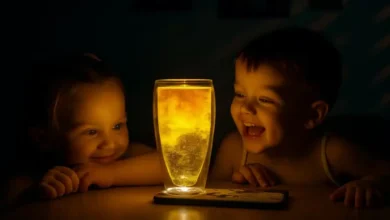 Crianças observando o efeito iluminado de um copo, parte do viral do Pozinho Mágico.