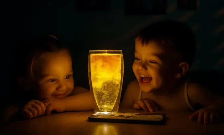 Crianças observando o efeito iluminado de um copo, parte do viral do Pozinho Mágico.