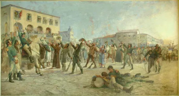 Pintura de Antônio Parreiras retratando um momento histórico da Independência da Bahia, com soldados e civis em um confronto, mostrando a luta pela liberdade.