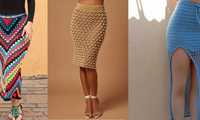 Saia de crochê colorida, com modelos variados e estilosos, representando 11 opções encantadoras.