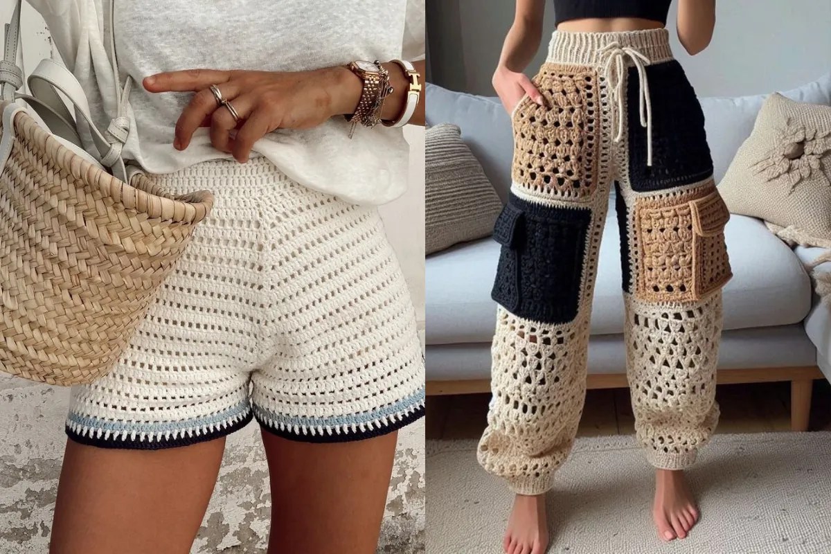Conjunto com shorts de crochê branco e calça artesanal colorida com bolsos grandes.