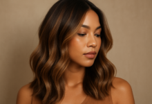 Mulher com cabelo ondulado e iluminado em tons quentes, destacando a cor de cabelo que rejuvenesce e ilumina a pele.