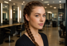 Mulher com trança embutida simples em salão de beleza.