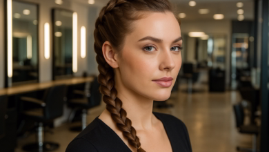 Mulher com trança embutida simples em salão de beleza.