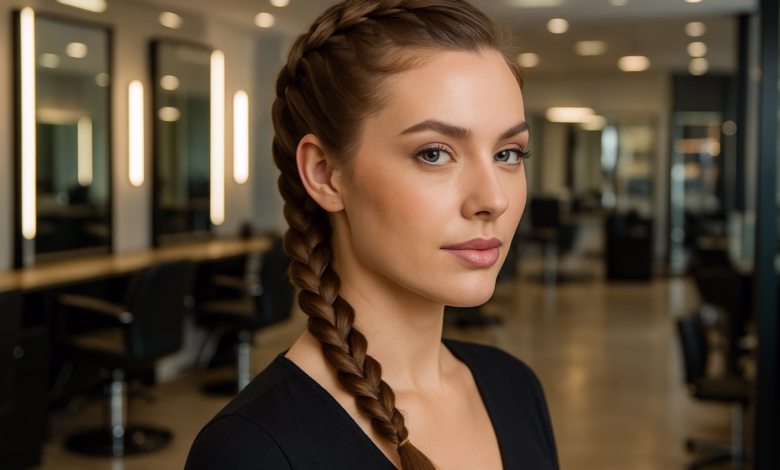 Mulher com trança embutida simples em salão de beleza.