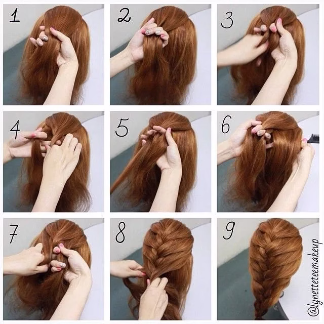 Passo a passo para fazer trança embutida, mostrando as etapas detalhadas de como trançar o cabelo.
