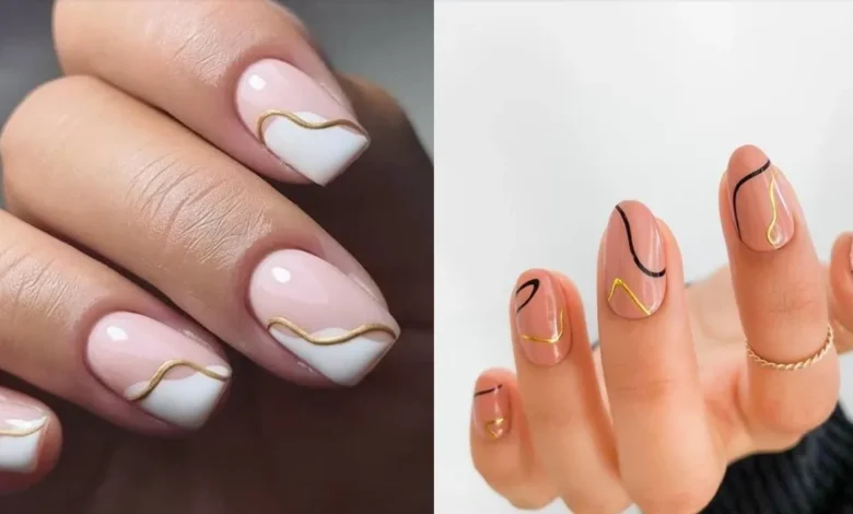 Unhas minimalistas com esmaltes neutros e sofisticados, com detalhes dourados e linhas geométricas.