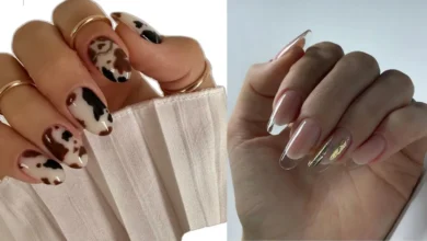Unhas glamourosas e modernas, com desenhos animal print e estilo transparente com detalhes em dourado.