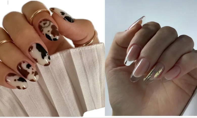 Unhas glamourosas e modernas, com desenhos animal print e estilo transparente com detalhes em dourado.