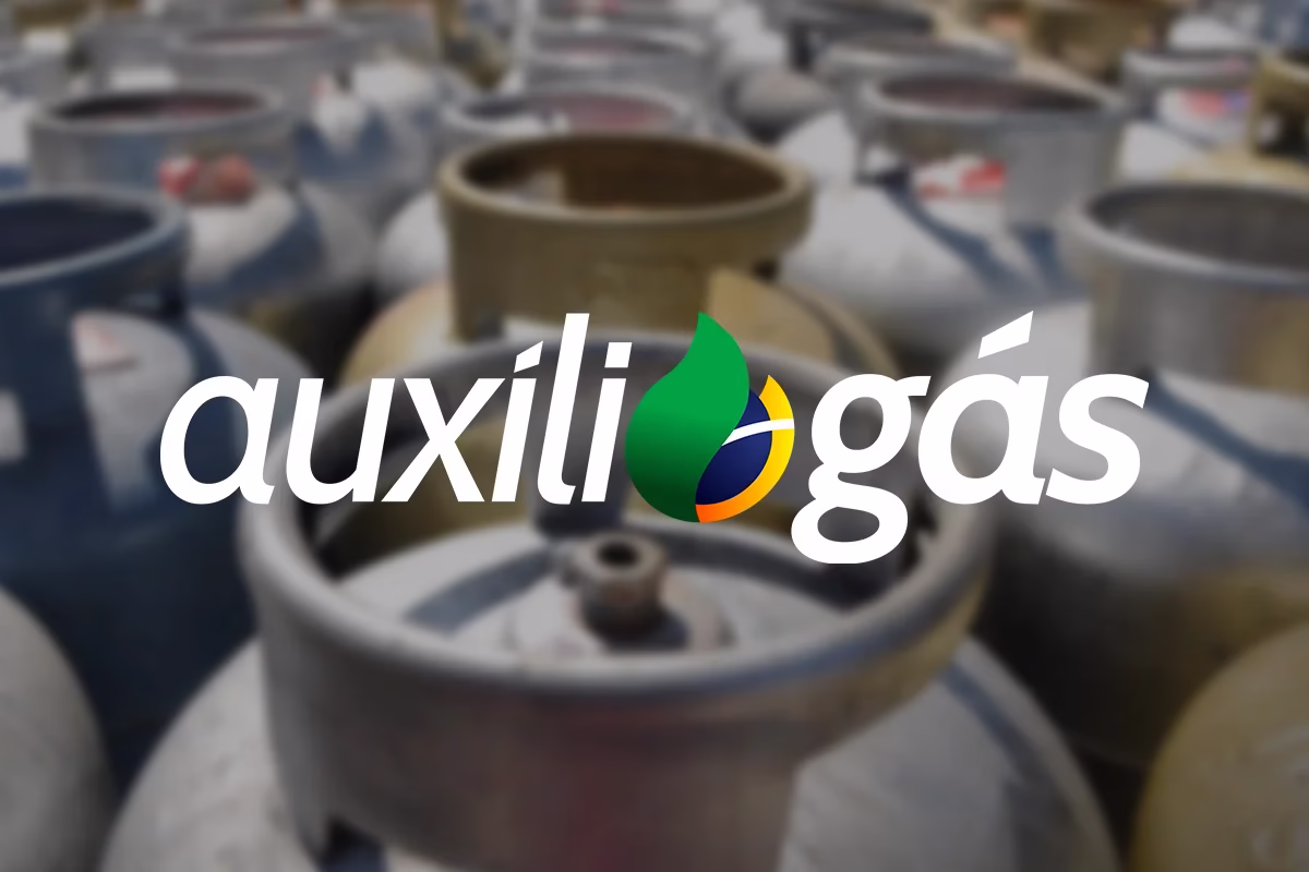 Imagem com botijões de gás e o logotipo do Auxílio Gás, destacando o programa de apoio financeiro para famílias de baixa renda.