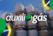 Imagem ilustrativa do Auxílio Gás 2025 com botijões de gás e logo do programa