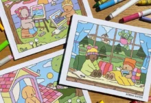 Imagem colorida de cadernos de colorir Bobbie Goods com ilustrações fofas de ursos em diferentes atividades.