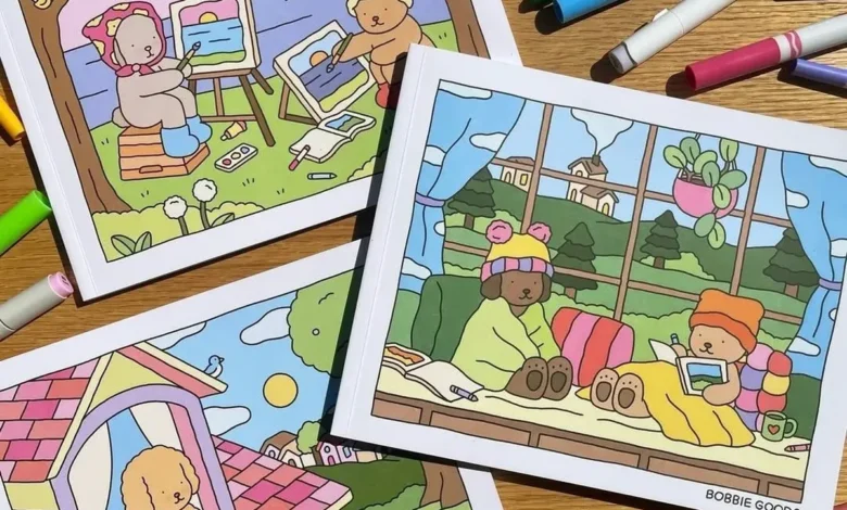 Imagem colorida de cadernos de colorir Bobbie Goods com ilustrações fofas de ursos em diferentes atividades.