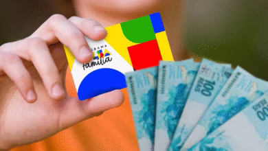 Cartão do Bolsa Família segurado por uma mão ao lado de cédulas de 100 reais