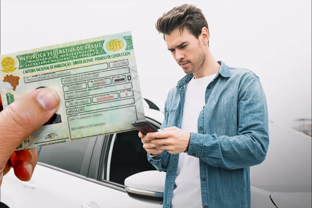 Pessoa segurando a CNH Social e usando o celular enquanto está em frente a um carro branco.