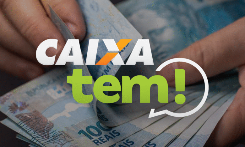Imagem do aplicativo Caixa Tem com o logotipo sobre notas de 100 Reais.