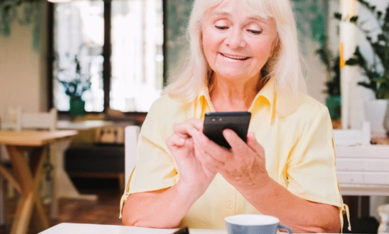 Mulher sorridente enviando mensagem de bom dia pelo celular