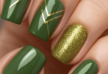 Unhas decoradas com esmalte verde oliva, mostrando diferentes estilos e acabamentos.