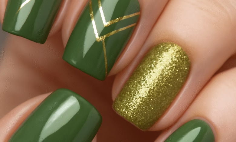 Unhas decoradas com esmalte verde oliva, mostrando diferentes estilos e acabamentos.