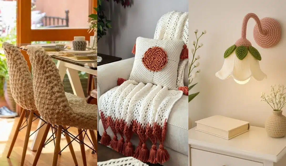 Decoração com crochê 3D, incluindo cadeira, almofada e luminária, criando um ambiente acolhedor e cheio de texturas.