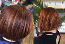 Cabelo castanho com corte bob moderno e mechas acobreadas, exibido em duas perspectivas: traseira com textura lisa e frontal com ondas suaves