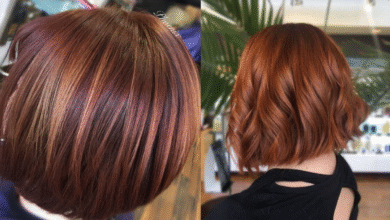 Cabelo castanho com corte bob moderno e mechas acobreadas, exibido em duas perspectivas: traseira com textura lisa e frontal com ondas suaves