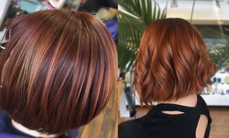 Cabelo castanho com corte bob moderno e mechas acobreadas, exibido em duas perspectivas: traseira com textura lisa e frontal com ondas suaves