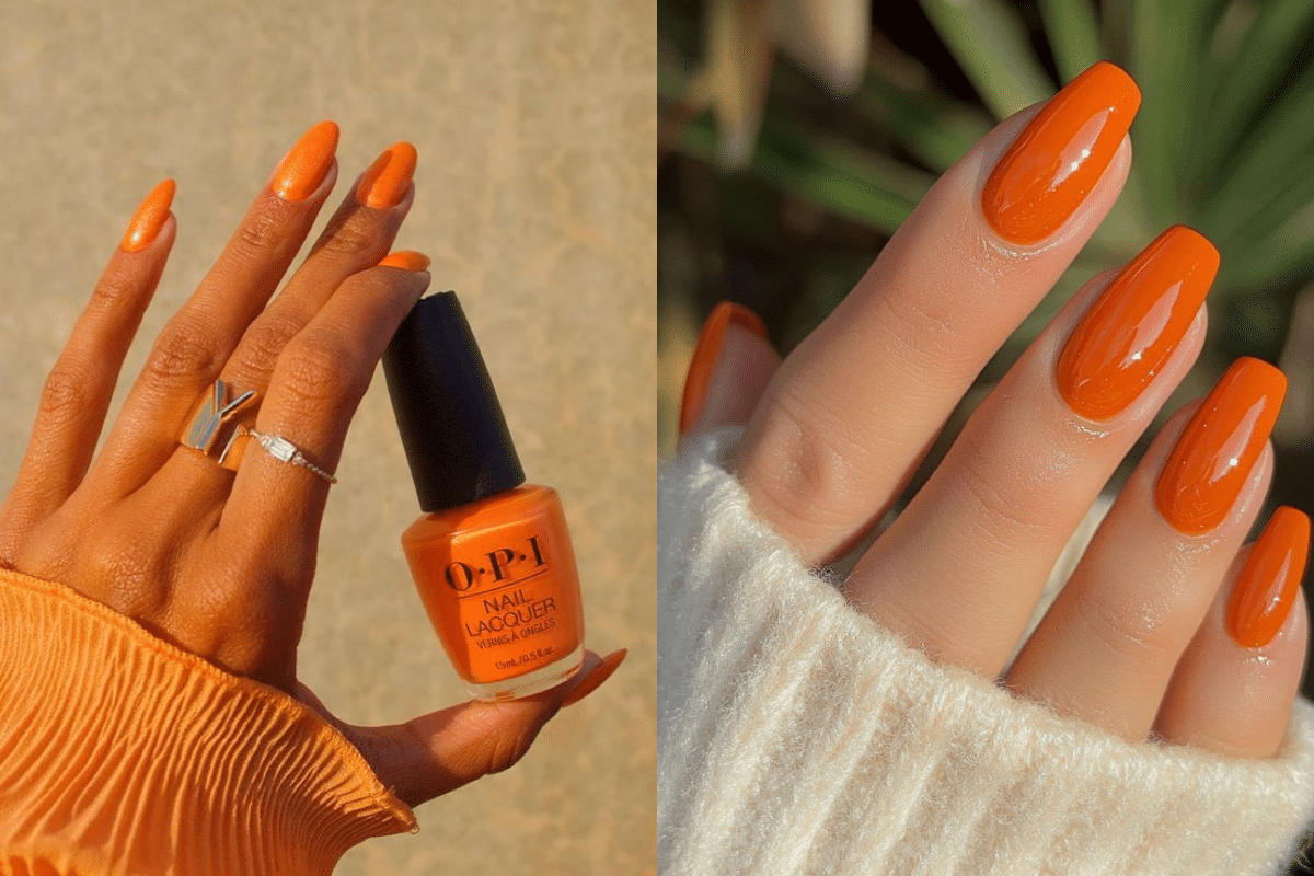 A imagem de uma mão segurando um esmalte laranja da marca O.P.I. e, ao lado, uma mão com as unhas pintadas de laranja vibrante.