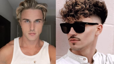 Dois estilos de cabelo masculino com luzes: liso platinado e cacheado com mechas douradas.