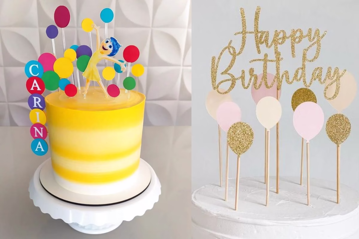 Topos de bolo coloridos feitos com papel fotográfico, offset e glitter, aplicados em bolos decorados.