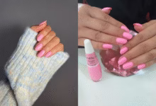 Unhas com esmalte rosa chiclete em dois estilos diferentes