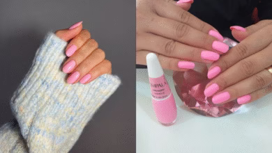 Unhas com esmalte rosa chiclete em dois estilos diferentes