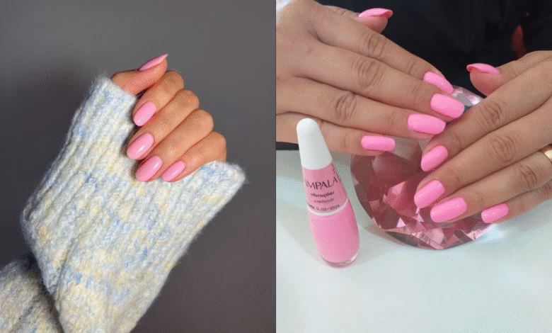 Unhas com esmalte rosa chiclete em dois estilos diferentes