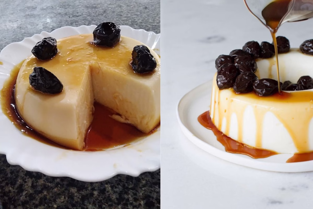 Manjar de coco decorado com ameixas e calda escorrendo no prato.