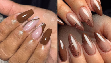 Unhas decoradas com esmaltes terrosos em tons de marrom