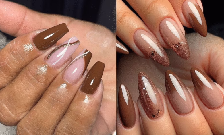 Unhas decoradas com esmaltes terrosos em tons de marrom