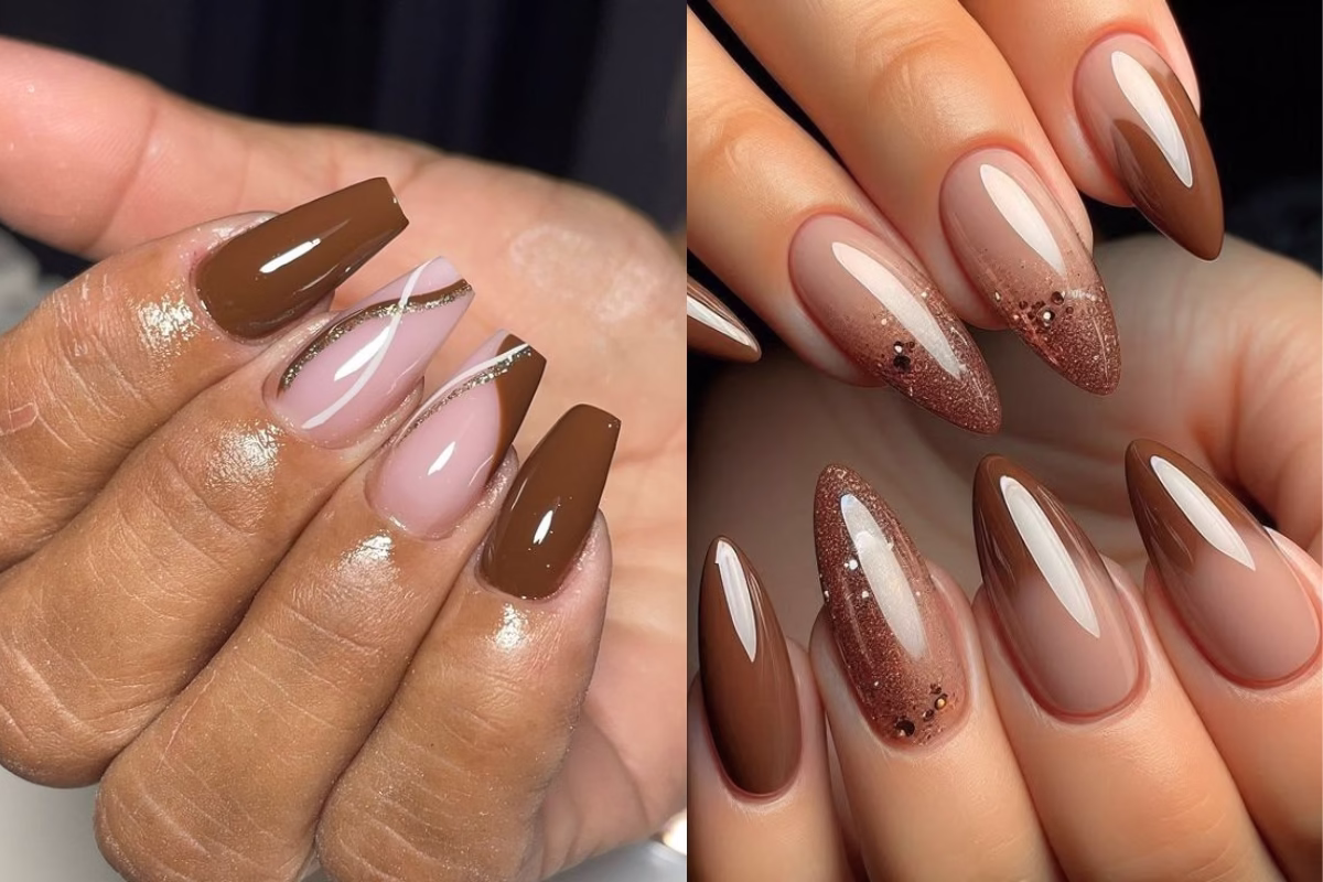Unhas decoradas com esmaltes terrosos em tons de marrom