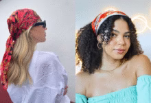 Dois estilos de penteado com lenço vermelho para cabelos lisos e cacheados