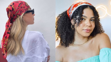 Dois estilos de penteado com lenço vermelho para cabelos lisos e cacheados