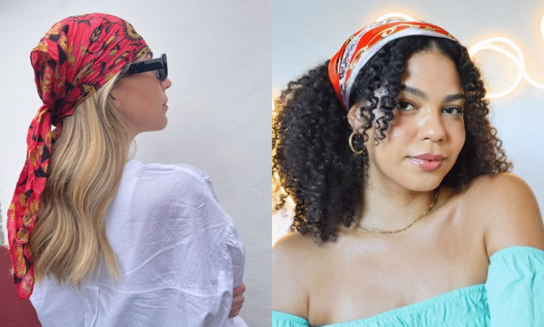 Dois estilos de penteado com lenço vermelho para cabelos lisos e cacheados