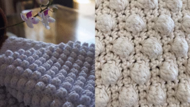 Detalhes do ponto pipoca em crochê aplicado em peças artesanais