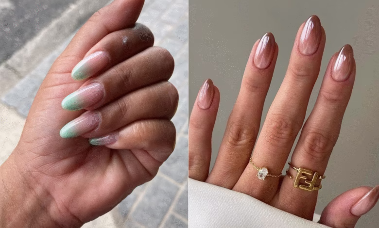 Unhas com nail art degradê em tons de verde e marrom