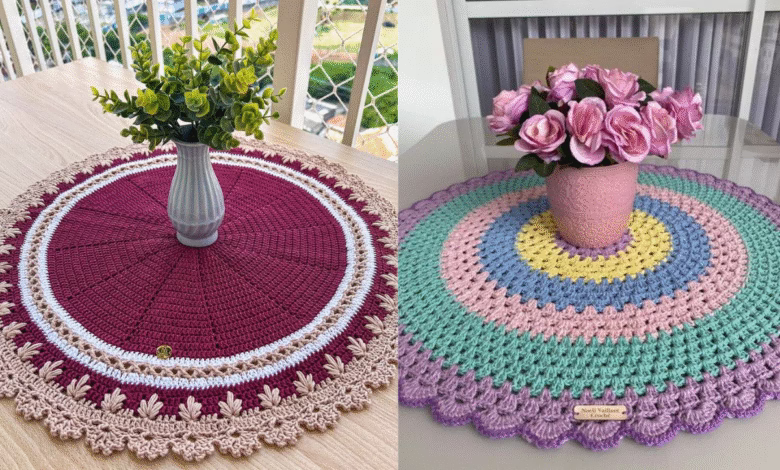 Centro de mesa de crochê clássico e moderno com detalhes coloridos e delicados.