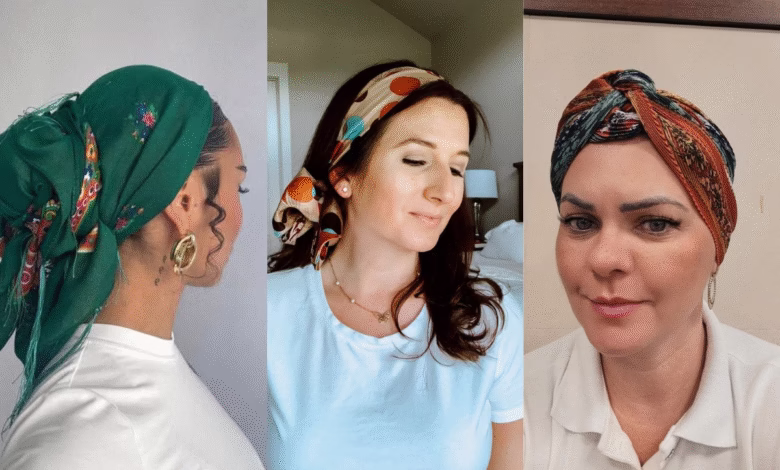 Três estilos diferentes de penteados com lenço para mulheres 50+