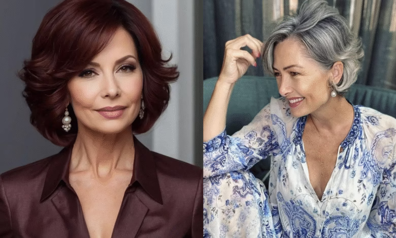 Mulheres maduras com cabelos grisalhos, uma com mechas e outra com fios totalmente brancos