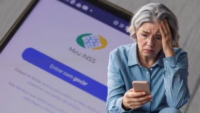 Idosa preocupada com a fraude no INSS enquanto tenta acessar o app Meu INSS no celular, sobre descontos indevidos no INSS.