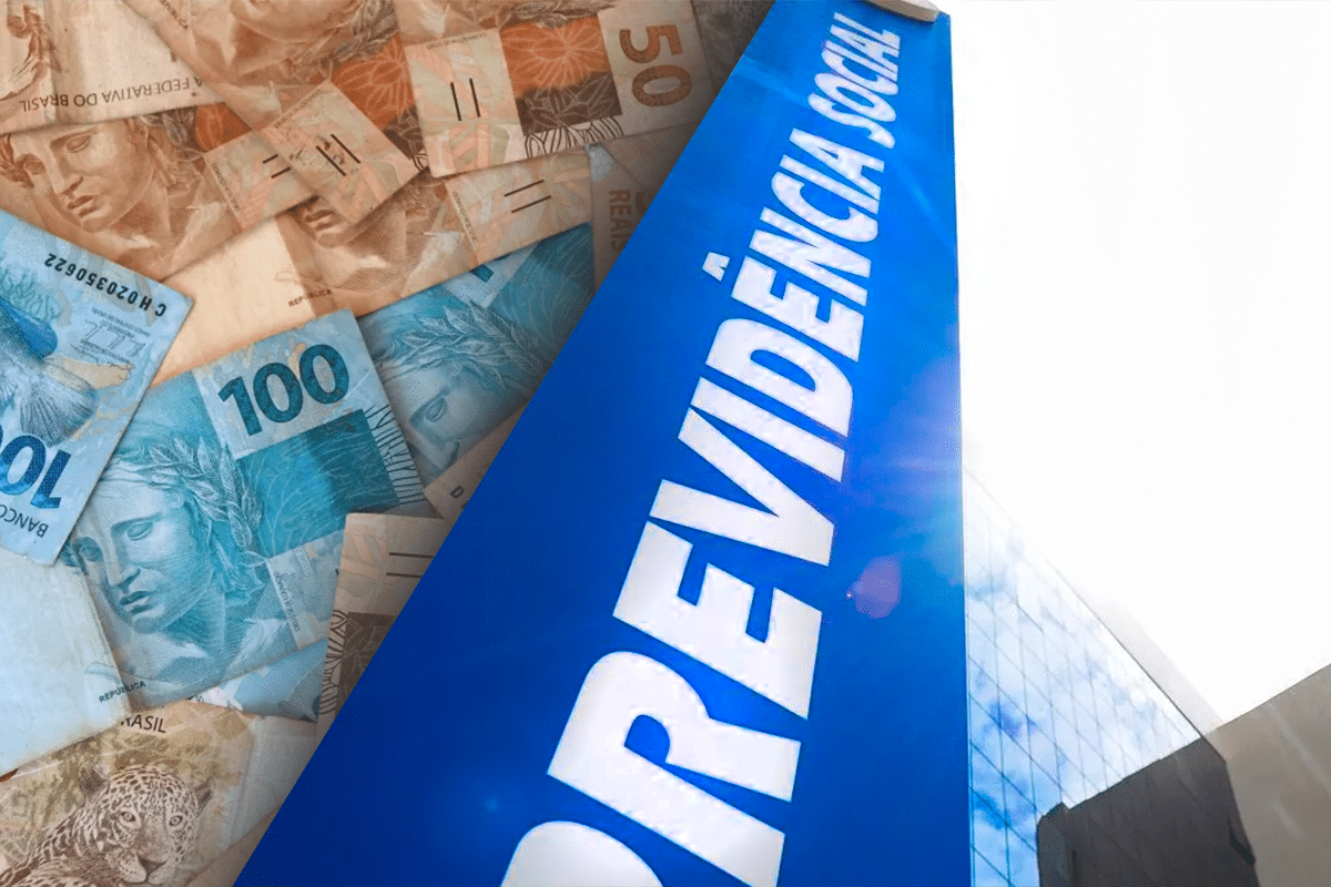 A palavra "Previdência Social" em destaque, com notas de dinheiro e elementos gráficos de fundo, simbolizando benefícios.
