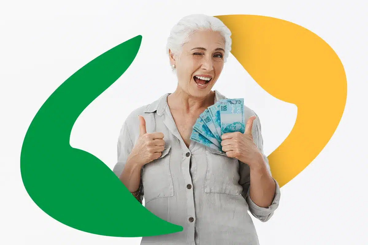 Mulher sorrindo, segurando notas de 100 reais, com um gesto positivo de polegar, em um fundo com formas coloridas representando o INSS.